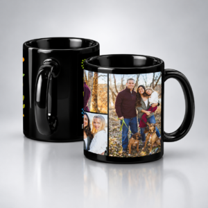 Customized black patch mug with personalized photo printing on white panel